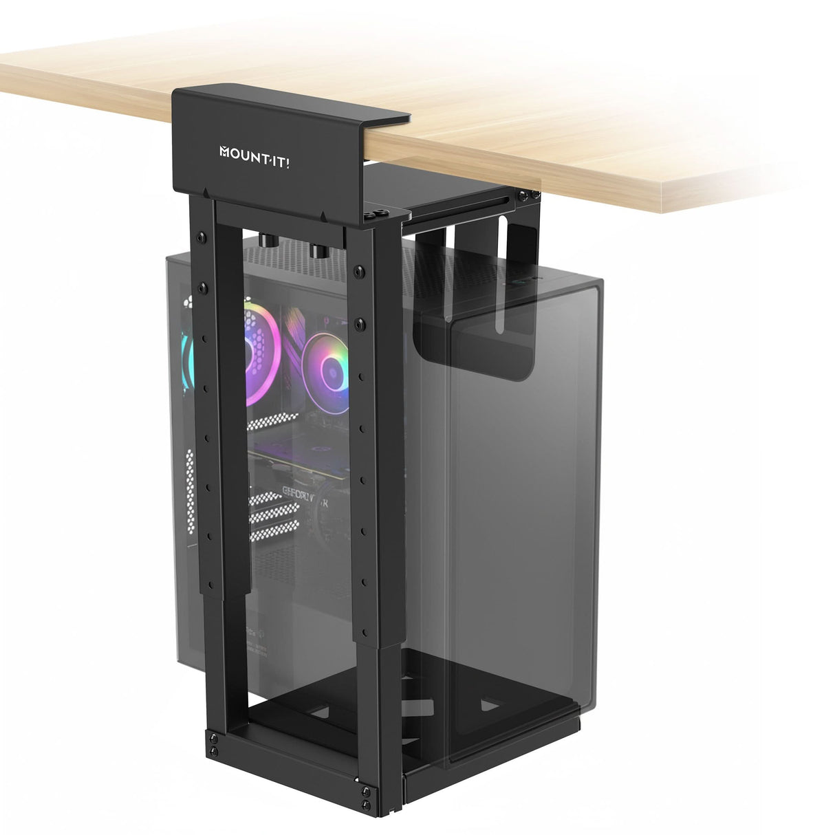 Heavy-Duty Clamp-On CPU Mount The Mount-It! Heavy-Duty Clamp-On CPU Mount is attached under a wooden desk, securely holding a desktop PC with visible RGB lighting.