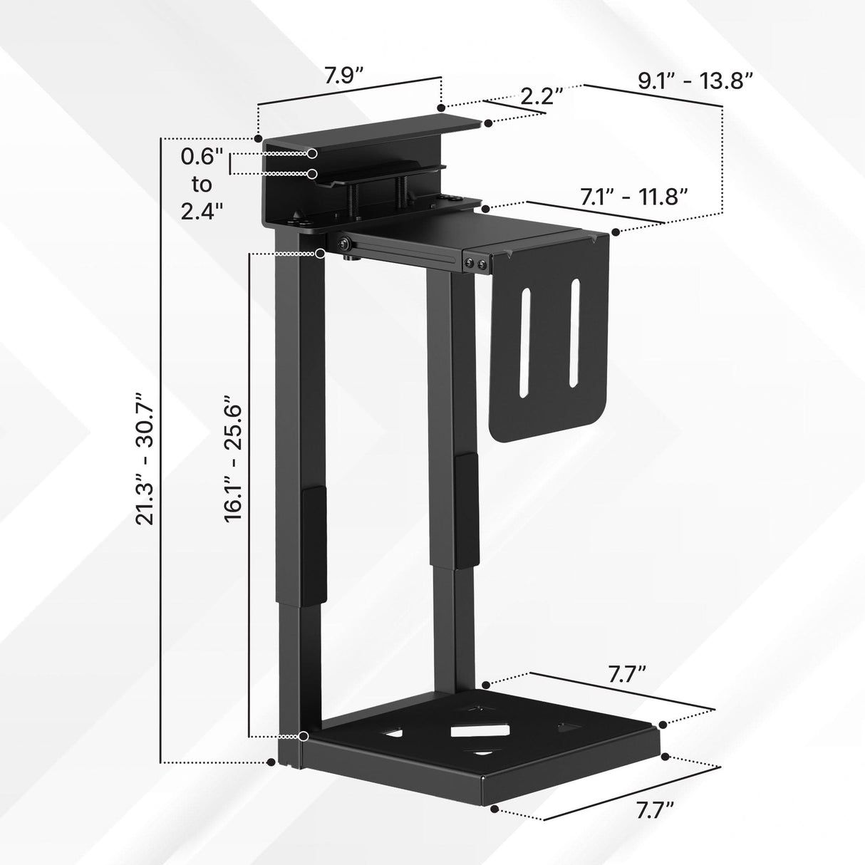 Heavy-Duty Clamp-On CPU Mount The Mount-It! Heavy-Duty Clamp-On CPU Mount, shown in black metal with detailed inch measurements, features adjustable components—perfect as an under desk computer mount or adjustable CPU holder.