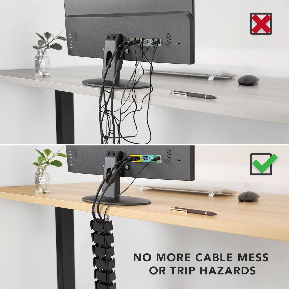 Cable Management Spine Comparison image showing a messy desk with tangled cables hanging freely from a monitor, contrasted with a tidy setup where cables are neatly organized and routed through a black cable management spine attached under the desk, demonstrating how the Cable Management Spine effectively eliminates cable clutter and reduces trip hazards for a clean, professional workspace.