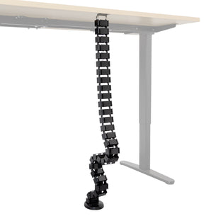 Cable Management Spine shown mounted under a sit-stand desk, with flexible snap-together segments organizing and protecting multiple cables running from the desktop to the floor, providing an adjustable and tidy cable management solution ideal for maintaining a clean workspace. Cable Management Spine shown mounted under a sit-stand desk, with flexible snap-together segments organizing and protecting multiple cables running from the desktop to the floor, providing an adjustable and tidy cable management solution ideal for maintaining a clean workspace.