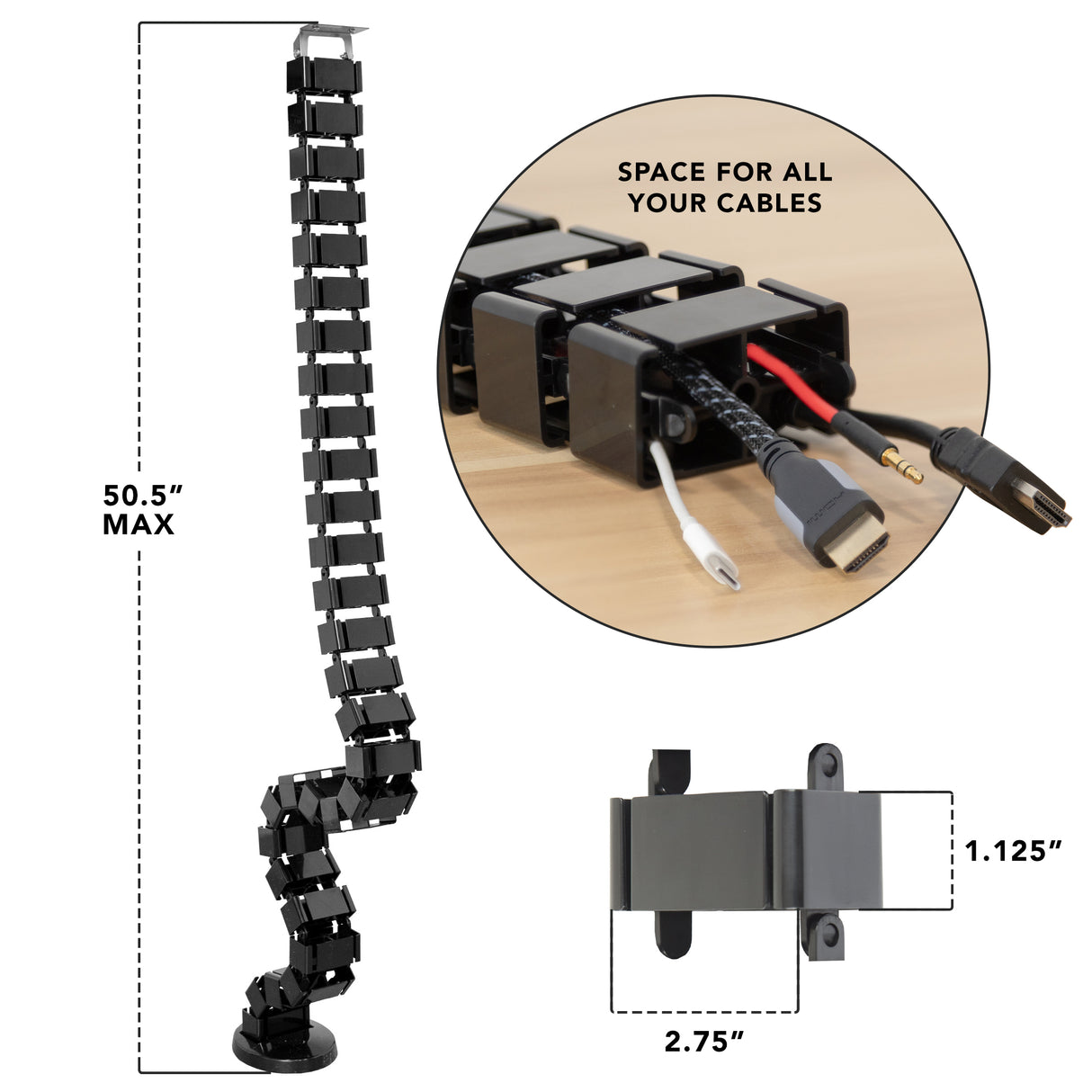 Cable Management Spine Cable Management Spine shown fully extended to 50.5 inches with snap-together flexible segments holding multiple cables including USB, HDMI, and audio cords, highlighting space for all cables; also includes detailed mounting plate dimensions for secure under-desk installation, designed to organize and protect cables while matching desk height and ideal for sit-stand desks.