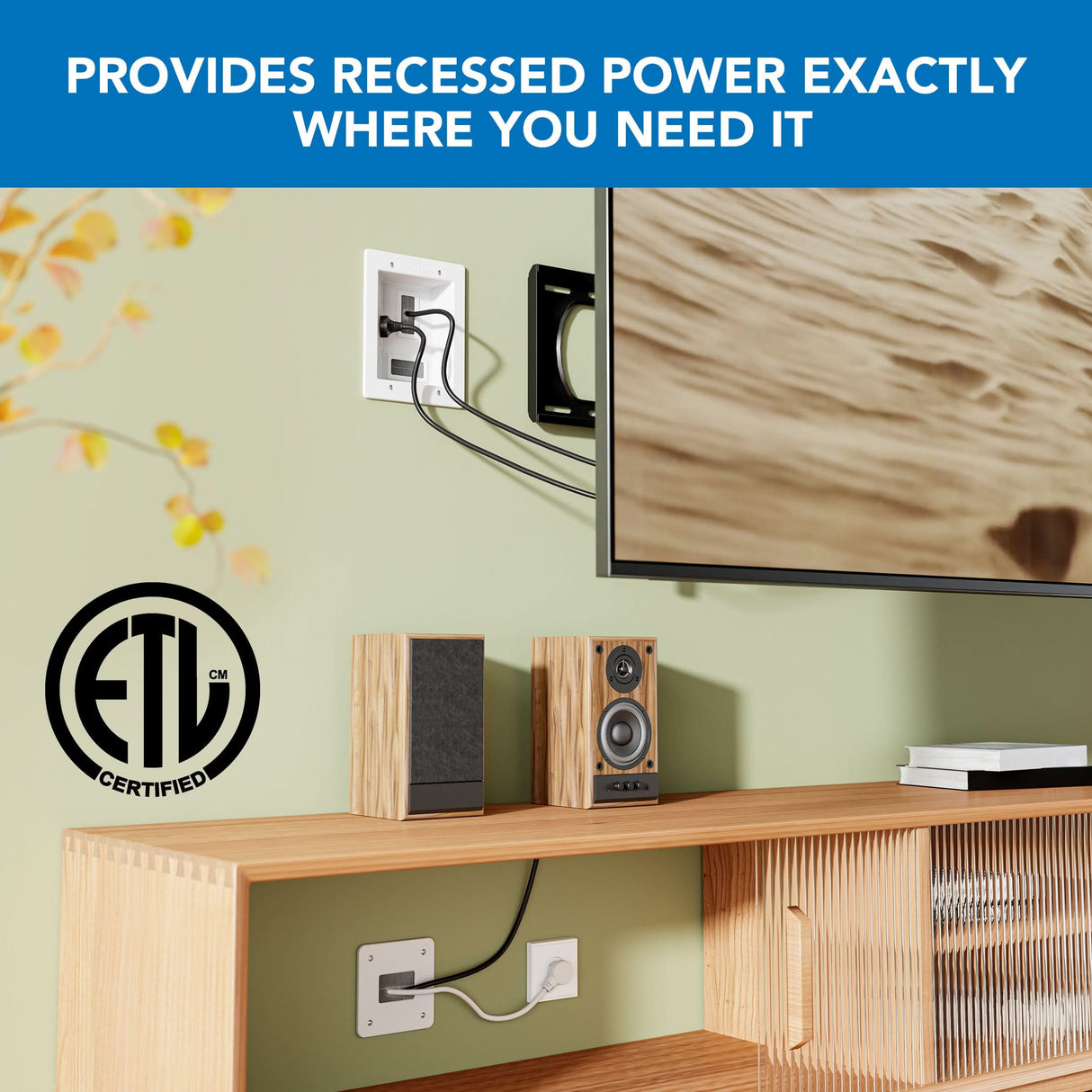 A wall-mounted TV with cords connected to the Mount-It! In-Wall TV Cable Concealer with Recessed Power above a wooden media console featuring speakers. Text: Provides recessed power exactly where you need it.