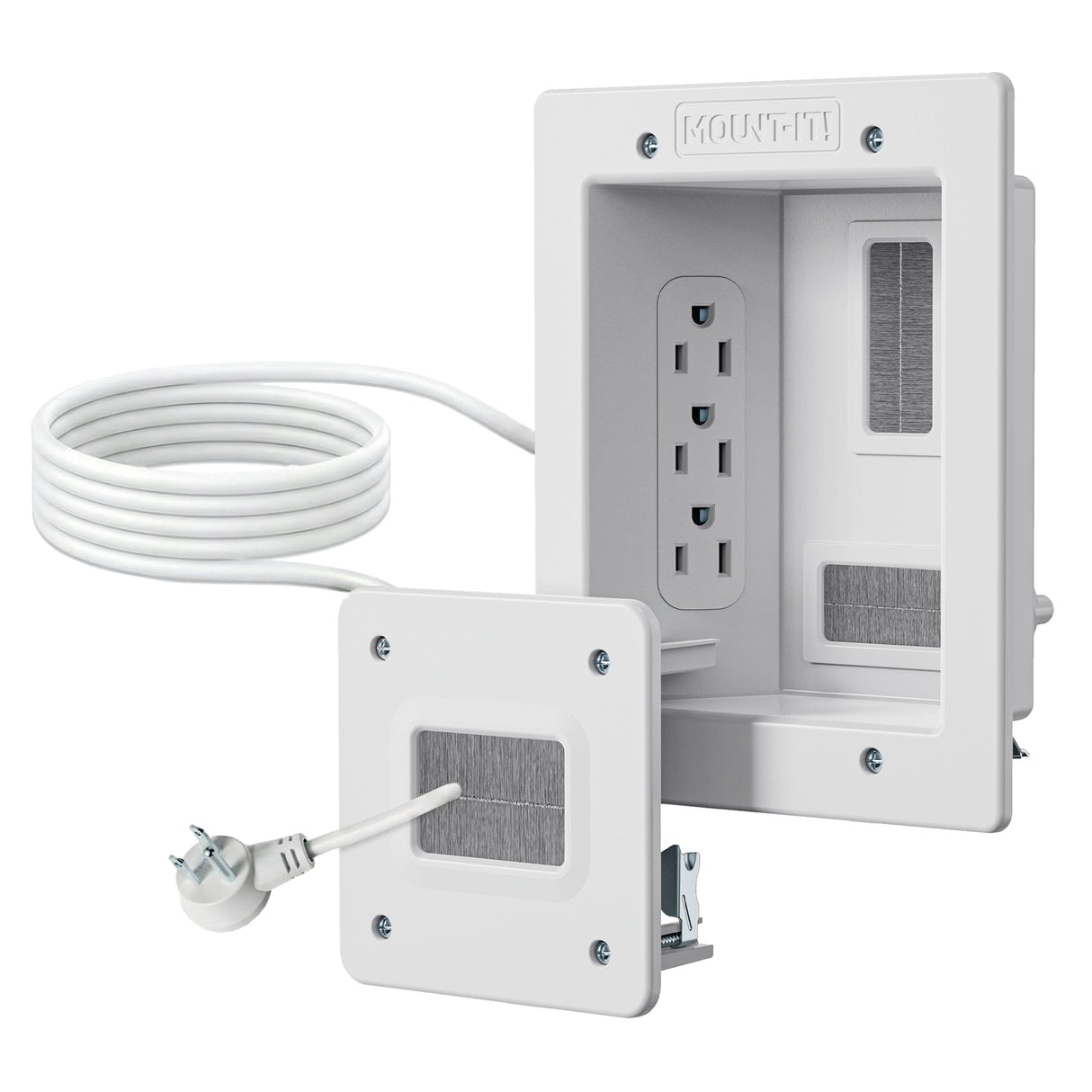 The Mount-It! In-Wall TV Cable Concealer with Recessed Power features three sockets, a detachable cover, ventilation slots, and a coiled right-angle plug—ideal for cable management and neat TV installations.
