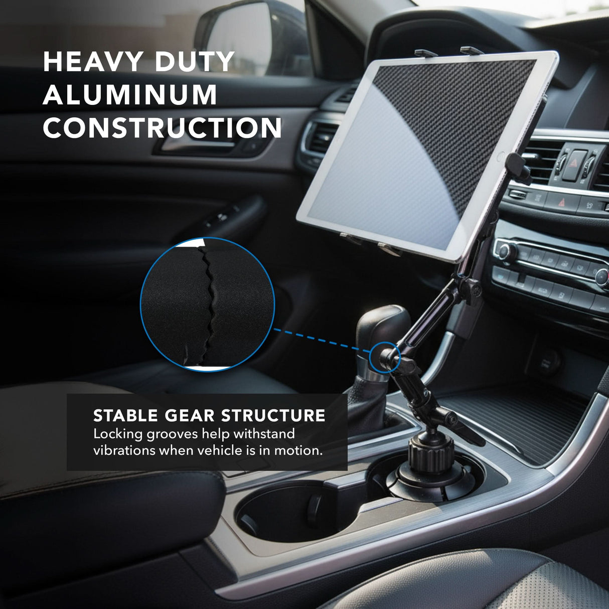 Heavy-Duty Cup Holder Tablet ELD Mount The Mount-It! Heavy-Duty Cup Holder Tablet ELD Mount offers a stable gear structure and locking grooves to securely hold your device in place, making it a reliable choice for ELD tablets during vehicle motion.