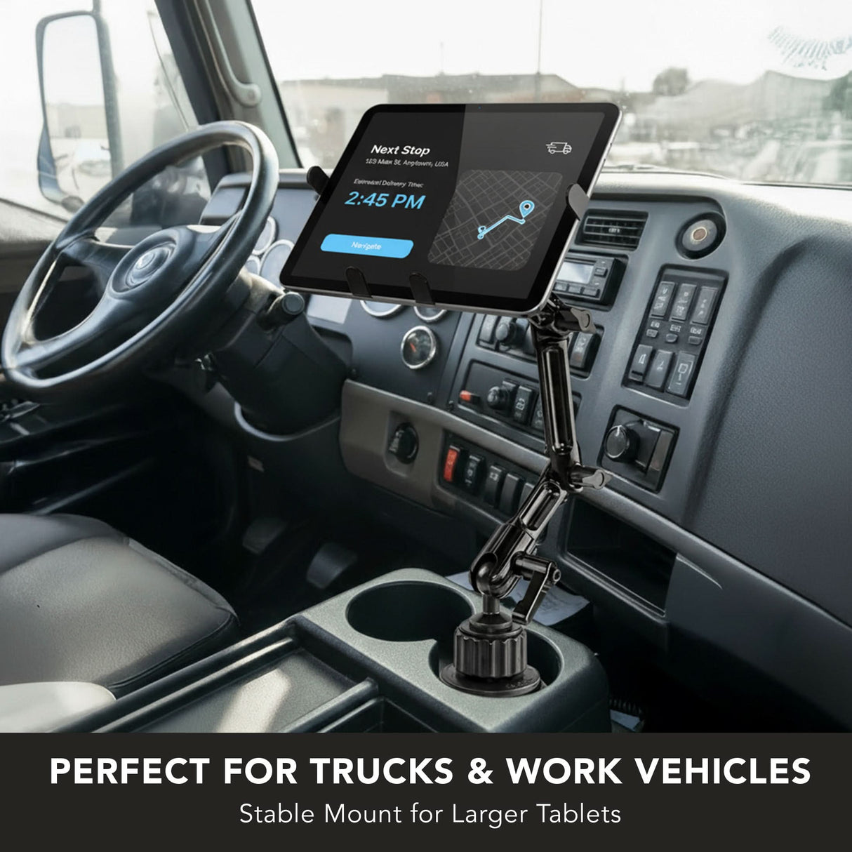 Heavy-Duty Cup Holder Tablet ELD Mount The Mount-It! Heavy-Duty Cup Holder Tablet ELD Mount is installed in a truck cab’s console, displaying navigation. Perfect for trucks and work vehicles, this stable mount securely holds larger tablets.