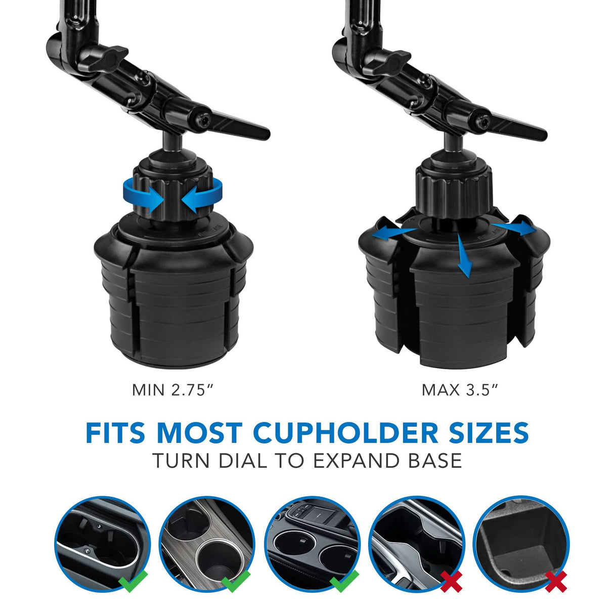 Heavy-Duty Cup Holder Tablet ELD Mount The Mount-It! Heavy-Duty Cup Holder Tablet ELD Mount features an adjustable base that expands from 2.75 to 3.5 inches, fitting most cupholders—ideal for securely mounting tablets as ELDs in various vehicles.