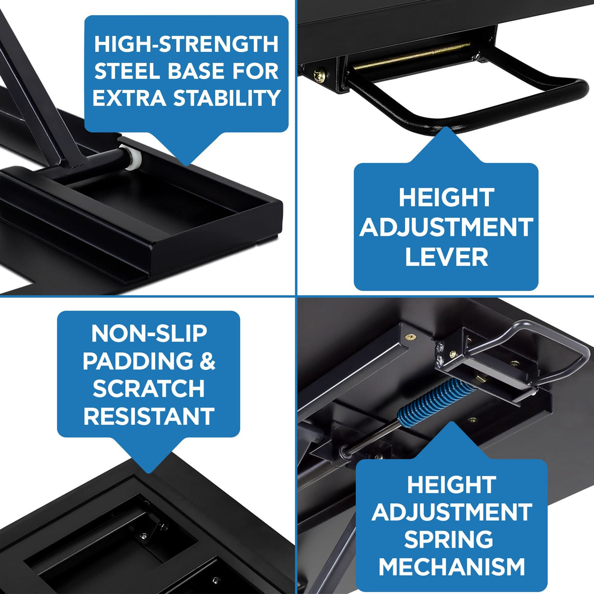 Height Adjustable X-Lift Standing Desk Converter Four images with blue labels showcase the Mount-It! Height Adjustable X-Lift Standing Desk Converter: a strong steel base, height adjustment lever, non-slip scratch-resistant pads, and a spring for easy sit-stand transitions.