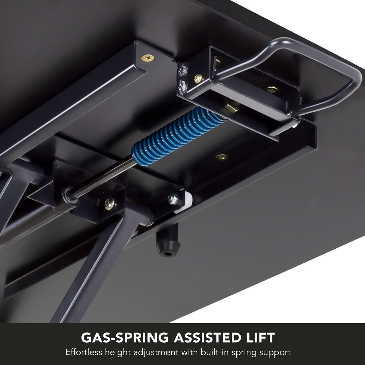 Height Adjustable X-Lift Standing Desk Converter Close-up of the Mount-It! Height Adjustable X-Lift Standing Desk Converter’s gas-spring mechanism with a blue spring, mounted under the surface. GAS-SPRING ASSISTED LIFT – Smooth height adjustment with built-in spring support.