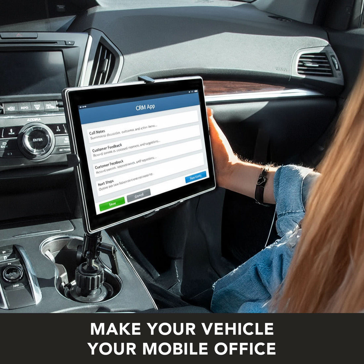 Heavy-Duty Cup Holder Tablet ELD Mount A person sits in a car using the Mount-It! Heavy-Duty Cup Holder Tablet ELD Mount near the center console to display a CRM app; text at the bottom reads, MAKE YOUR VEHICLE YOUR MOBILE OFFICE.