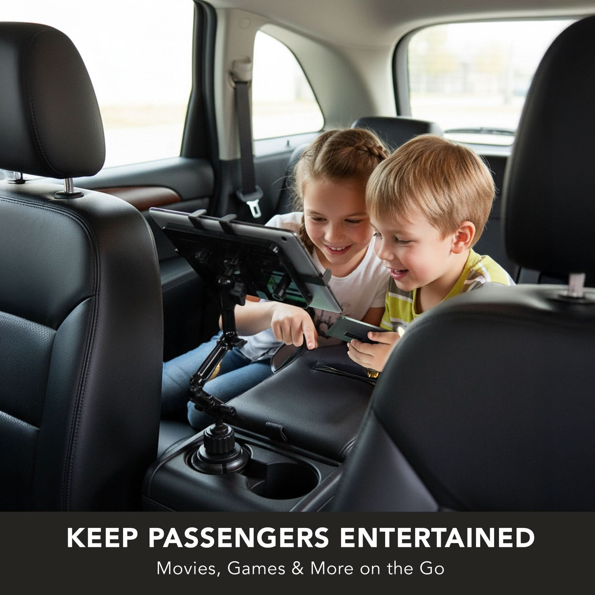Heavy-Duty Cup Holder Tablet ELD Mount Two smiling children enjoy games in the backseat using the Mount-It! Heavy-Duty Cup Holder Tablet ELD Mount. KEEP PASSENGERS ENTERTAINED—Movies, Games & More on the Go.