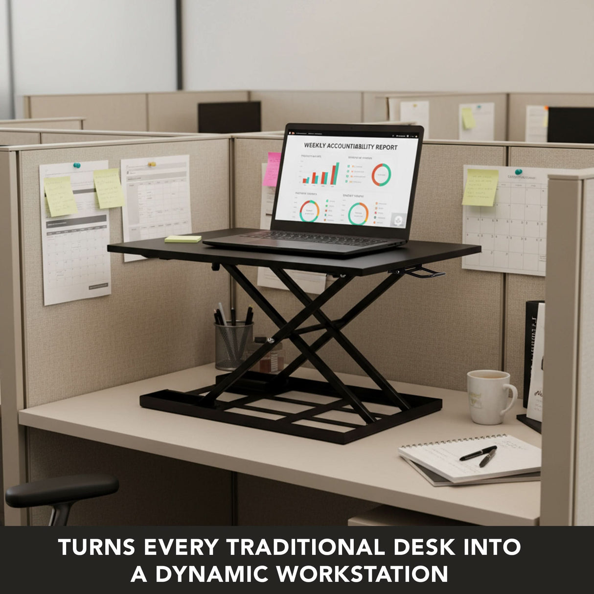 Height Adjustable X-Lift Standing Desk Converter A Mount-It! Height Adjustable X-Lift Standing Desk Converter with a laptop is on a cubicle desk amid office supplies, charts, and calendars. Text below reads: Turns any traditional desk into an ergonomic, dynamic workstation.