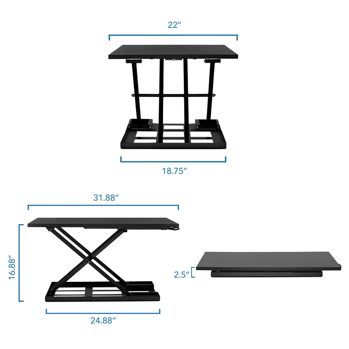 Height Adjustable X-Lift Standing Desk Converter The Mount-It! Height Adjustable X-Lift Standing Desk Converter is shown in three views, measuring 22" wide, 18.75" deep, with an adjustable height from 2.5" to 16.88" and a maximum extended length of 31.88", highlighting ergonomic design.