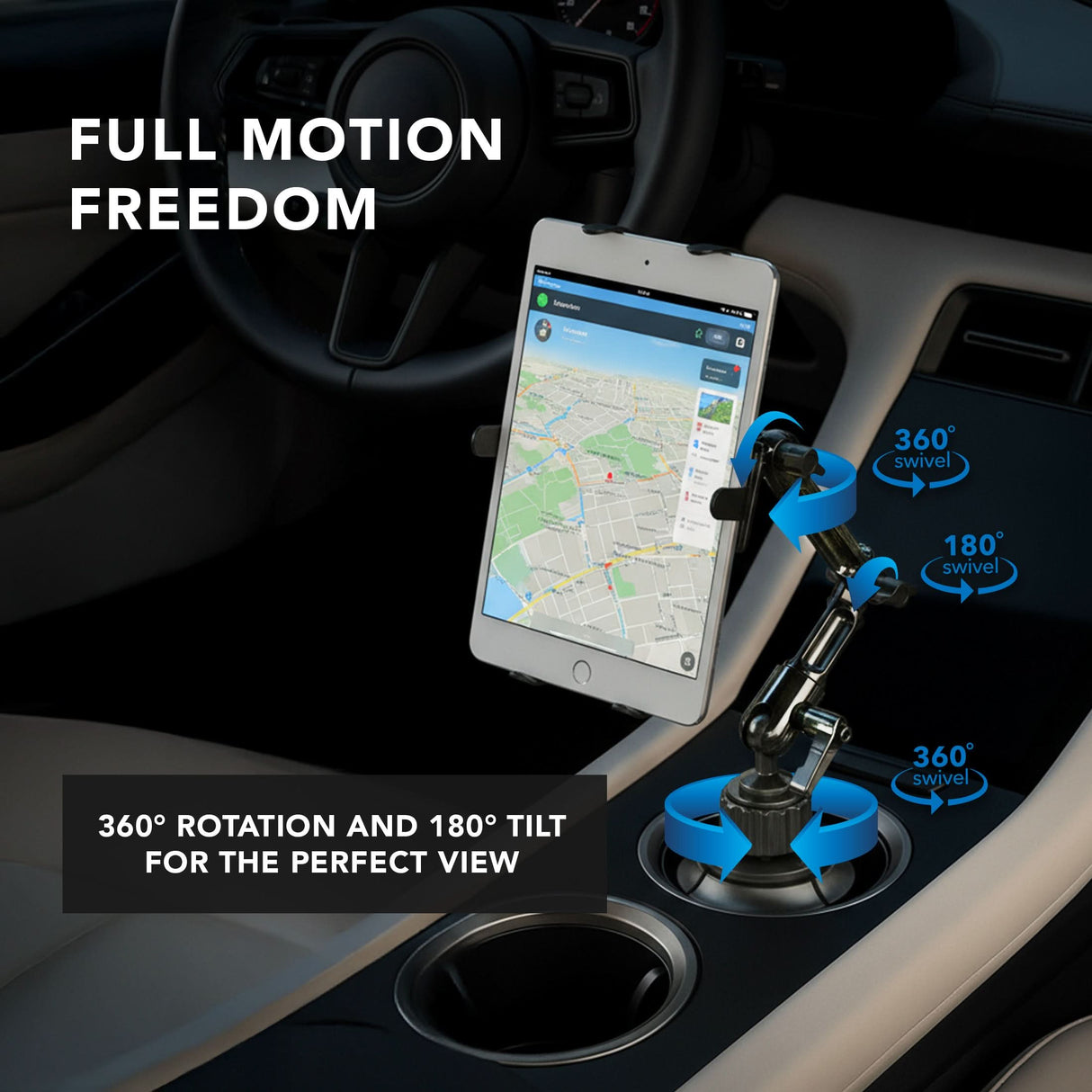 Heavy-Duty Cup Holder Tablet ELD Mount The Mount-It! Heavy-Duty Cup Holder Tablet ELD Mount sits in a car’s cup holder, displaying navigation. Blue arrows show its 360° rotation and 180° tilt with text FULL MOTION FREEDOM, highlighting easy and flexible adjustment.