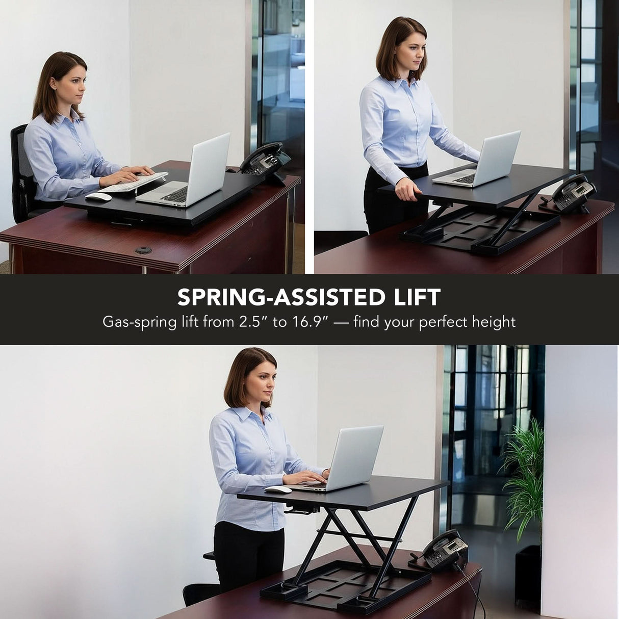 Height Adjustable X-Lift Standing Desk Converter Collage featuring a woman using the Mount-It! Height Adjustable X-Lift Standing Desk Converter in both sitting and standing office positions, with laptop and phone displayed to show multiple ergonomic height settings.