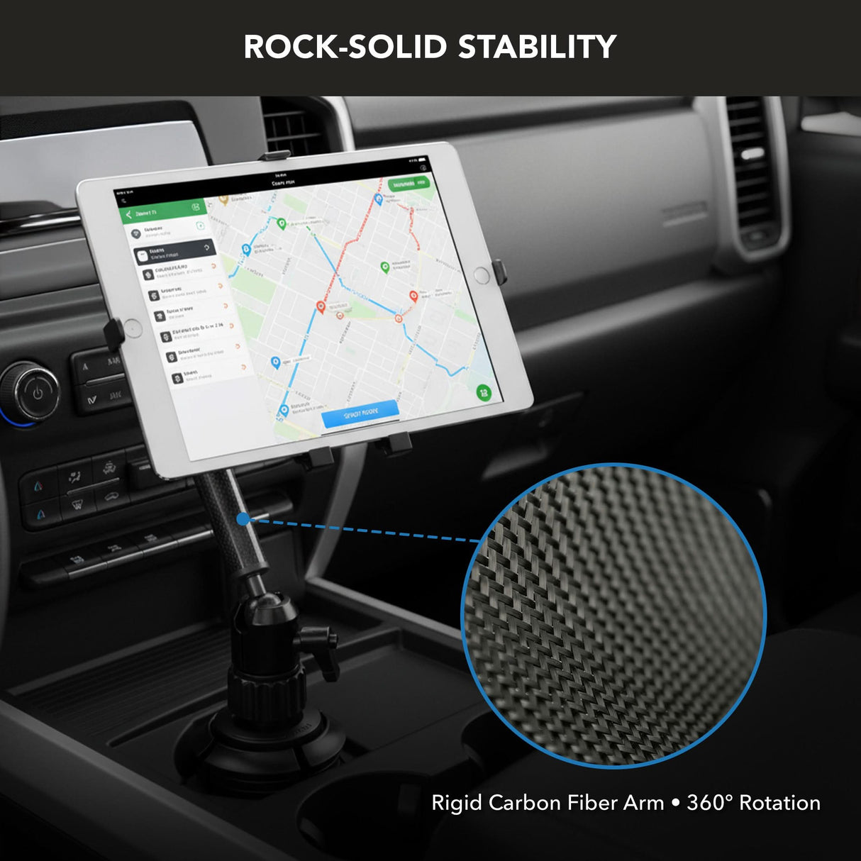 Carbon Fiber Cup Holder Tablet ELD Mount A Mount-It! Carbon Fiber Cup Holder Tablet ELD Mount holds a tablet with a rigid carbon fiber arm, displaying a map. The text reads ROCK-SOLID STABILITY. An inset shows the carbon fiber texture, perfect for ELD compliance.