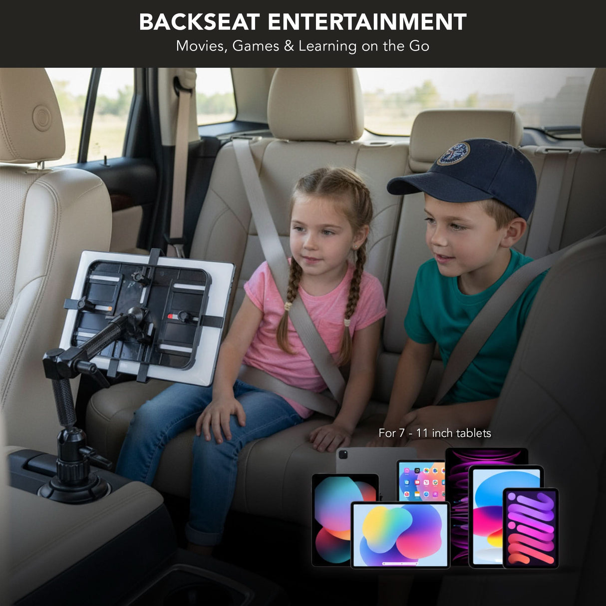 Carbon Fiber Cup Holder Tablet ELD Mount Two children enjoy a tablet in the backseat, mounted on the Mount-It! Carbon Fiber Cup Holder Tablet ELD Mount. The heading reads BACKSEAT ENTERTAINMENT, with images of tablets and cup holder mounts displayed below.