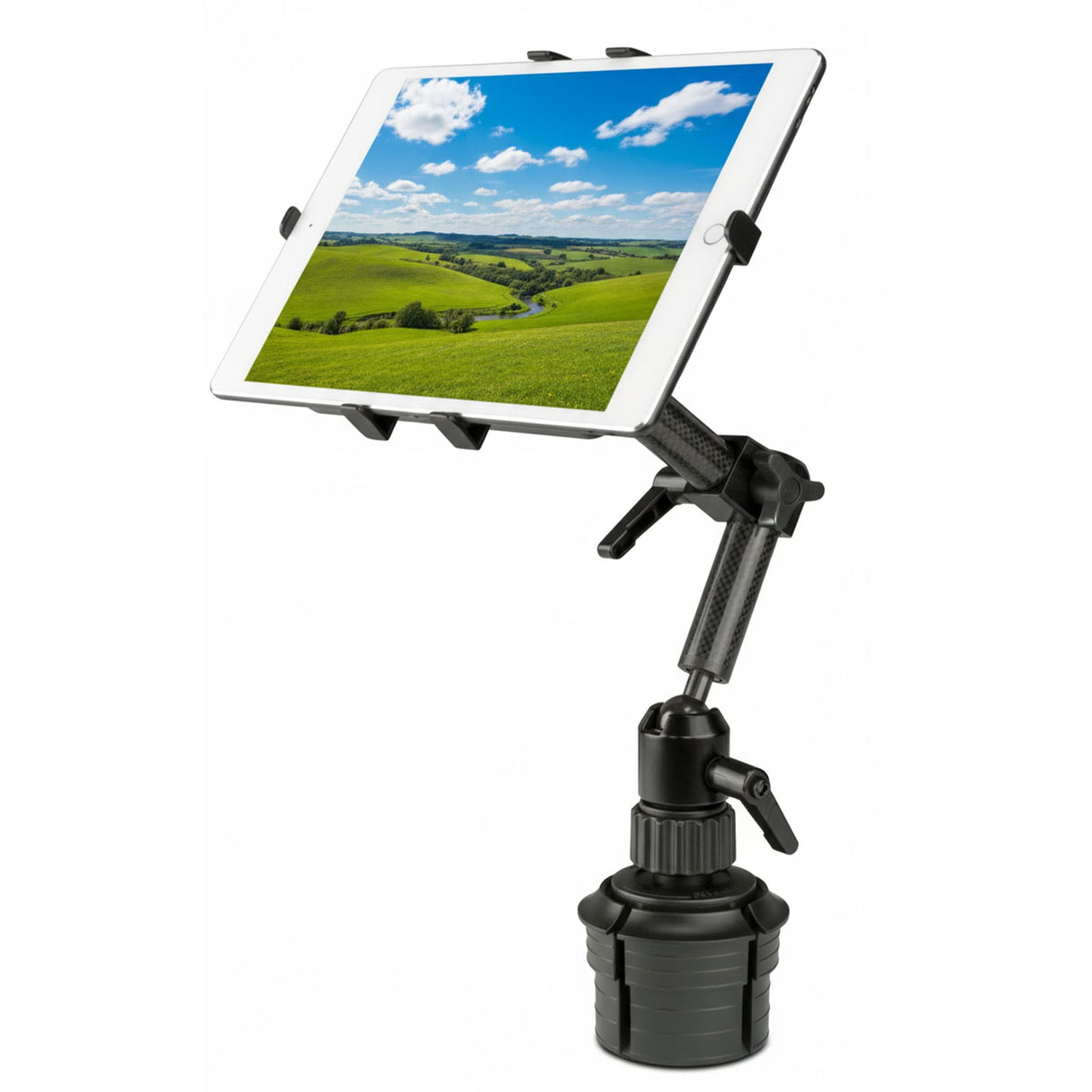 Carbon Fiber Cup Holder Tablet ELD Mount The Mount-It! Carbon Fiber Cup Holder Tablet ELD Mount securely displays your tablet on a flexible, adjustable stand with a sturdy base—ideal for hands-free use and positioning on flat surfaces or in your vehicle.