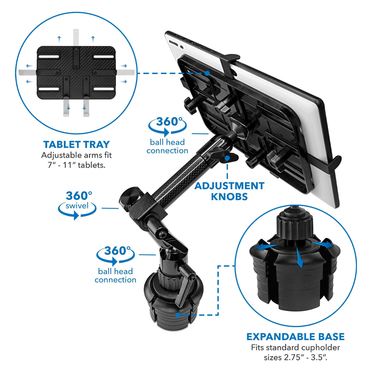Carbon Fiber Cup Holder Tablet ELD Mount The Mount-It! Carbon Fiber Cup Holder Tablet ELD Mount features an adjustable tray for 7–11” tablets, 360° swivel ball head, easy adjustment knobs, and a base expanding to fit 2.75–3.5” cupholders—perfect for ELD compliance on the road.