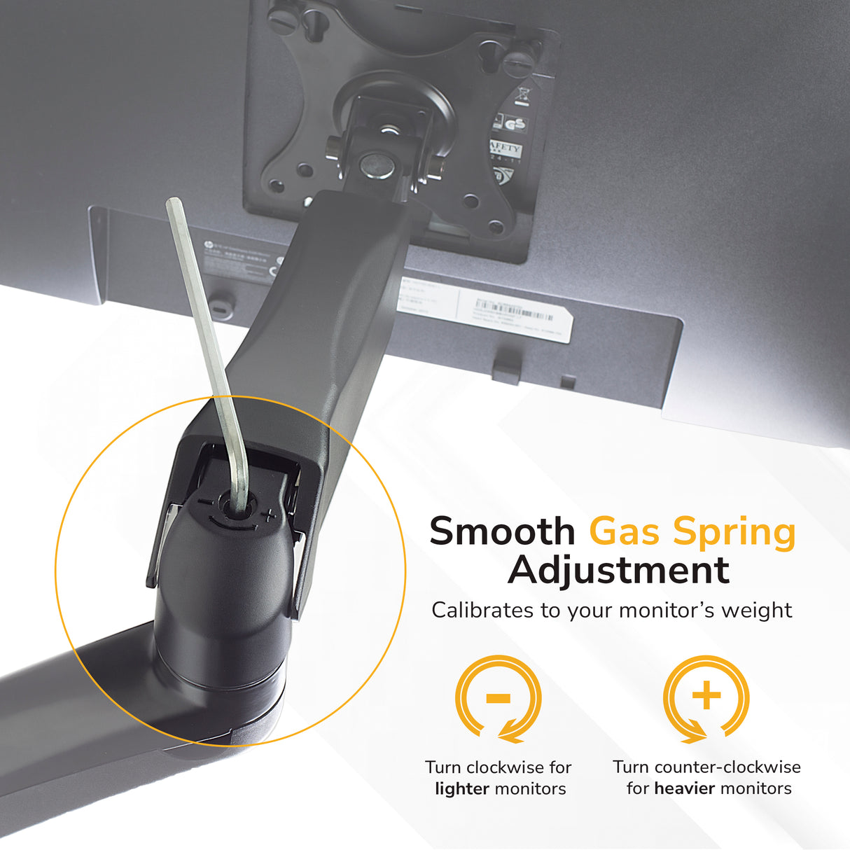 The Mount-It! Single Monitor Wall Mount Arm uses an Allen wrench to adjust the gas spring. Turn clockwise for lighter and counter-clockwise for heavier monitors; icons show each direction. Compatible with VESA monitors.