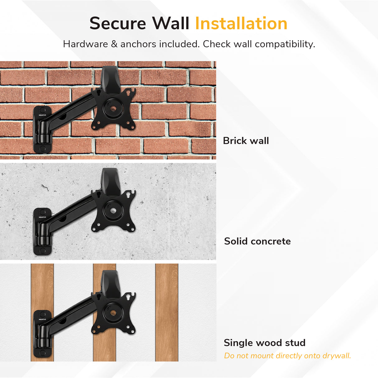 Instructional graphic for Mount-It! Single Monitor Wall Mount Arm shows VESA plate installation on brick, solid concrete, and single wood stud—each labeled. Note: Do not mount directly to drywall.