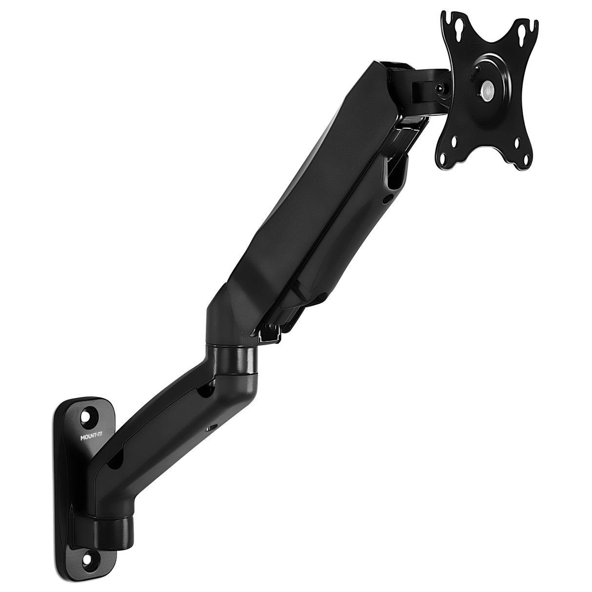 The Mount-It! Single Monitor Wall Mount Arm, shown in black with a gas spring arm and VESA-compatible plate, is adjustable and extends outward against a white background.