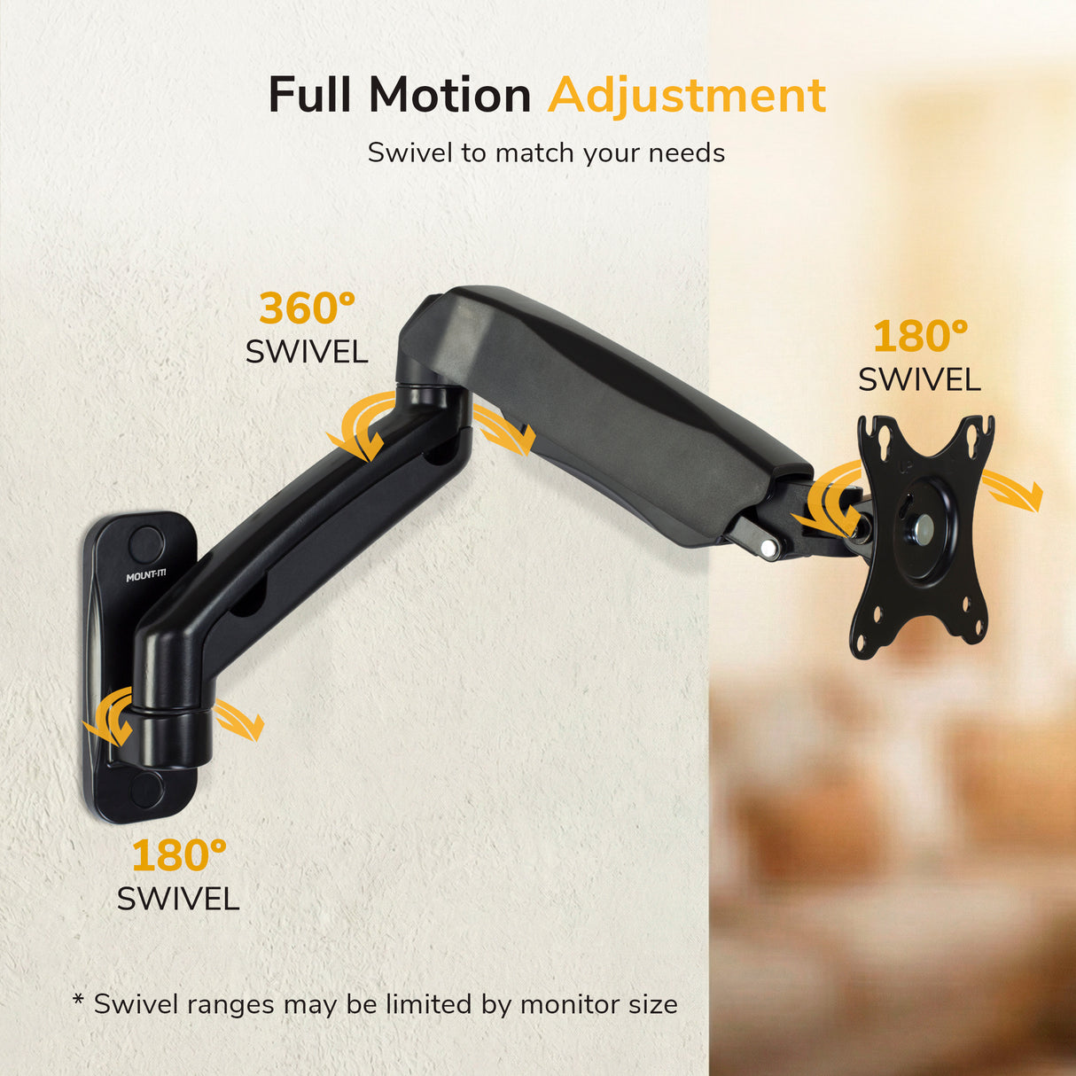 The Mount-It! Single Monitor Wall Mount Arm is shown in black with labels for its swivel features: 360° at the base, 180° at the middle joint, and 180° at the monitor plate. Text highlights “Full Motion Adjustment.”.