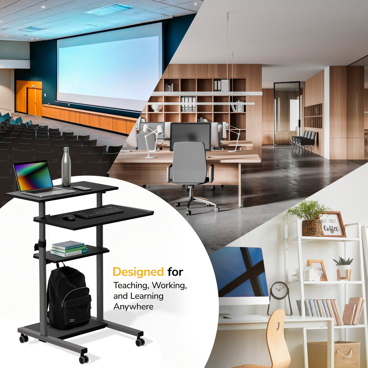 The Mount-It! Height Adjustable Rolling Stand up Desk, in black with locking casters, securely holds a laptop, drink bottle, keyboard, mouse, and backpack—proving its versatile use in auditoriums, offices, or home studies.