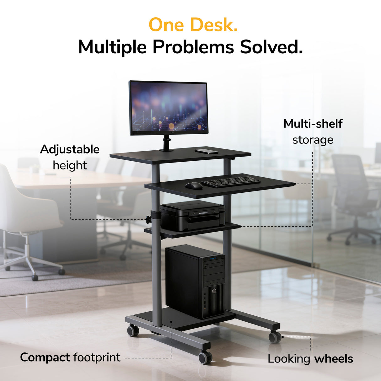 The Mount-It! Height Adjustable Rolling Stand up Desk features locking casters, multiple shelves, and a compact design to hold your monitor, keyboard, printer, and tower—ideal for modern offices.