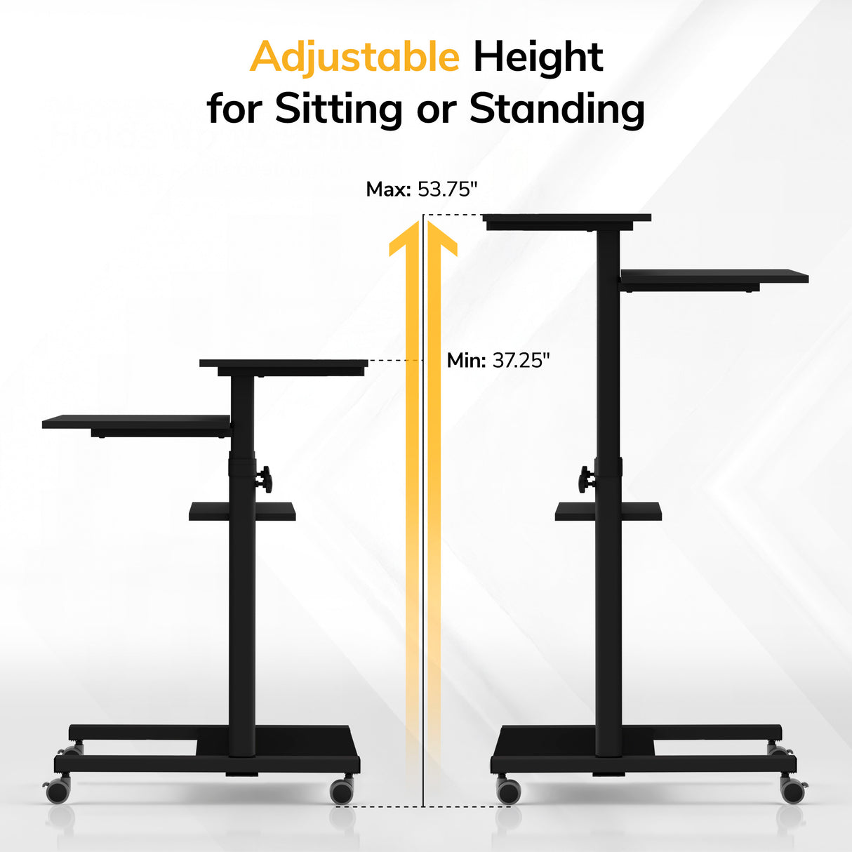 Two Mount-It! Rolling Computer Work Stations with Monitor Mounts are side by side, shown at their lowest height of 37.25" and highest of 53.75", with an arrow illustrating the adjustable range for your ideal workstation setup.
