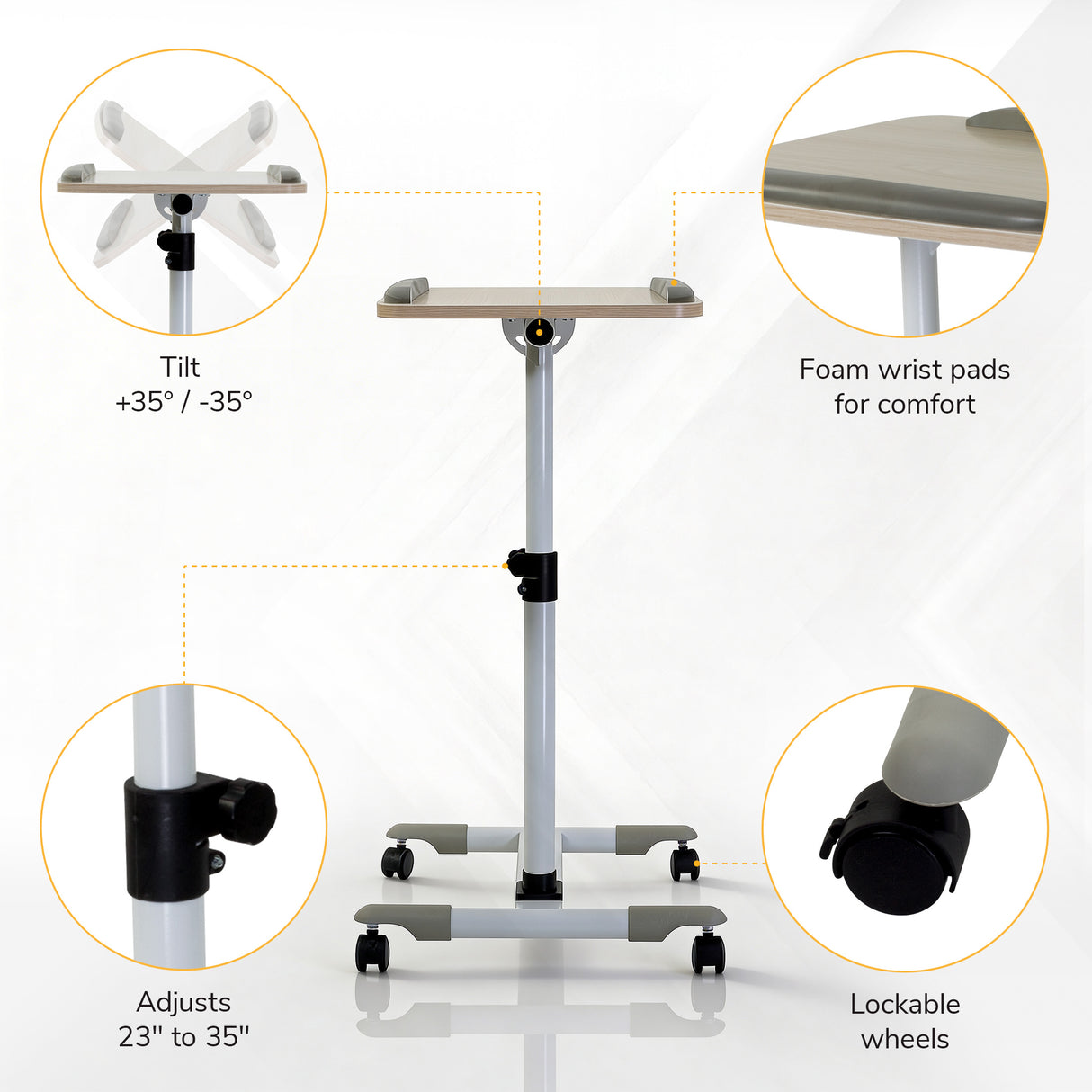 The Mount-It! Height Adjustable Rolling Laptop Cart serves as a laptop cart or projector stand with a tilting tabletop, foam wrist pads, 23–35" height range, and lockable wheels. Circular insets show close-up views and labels of key features.