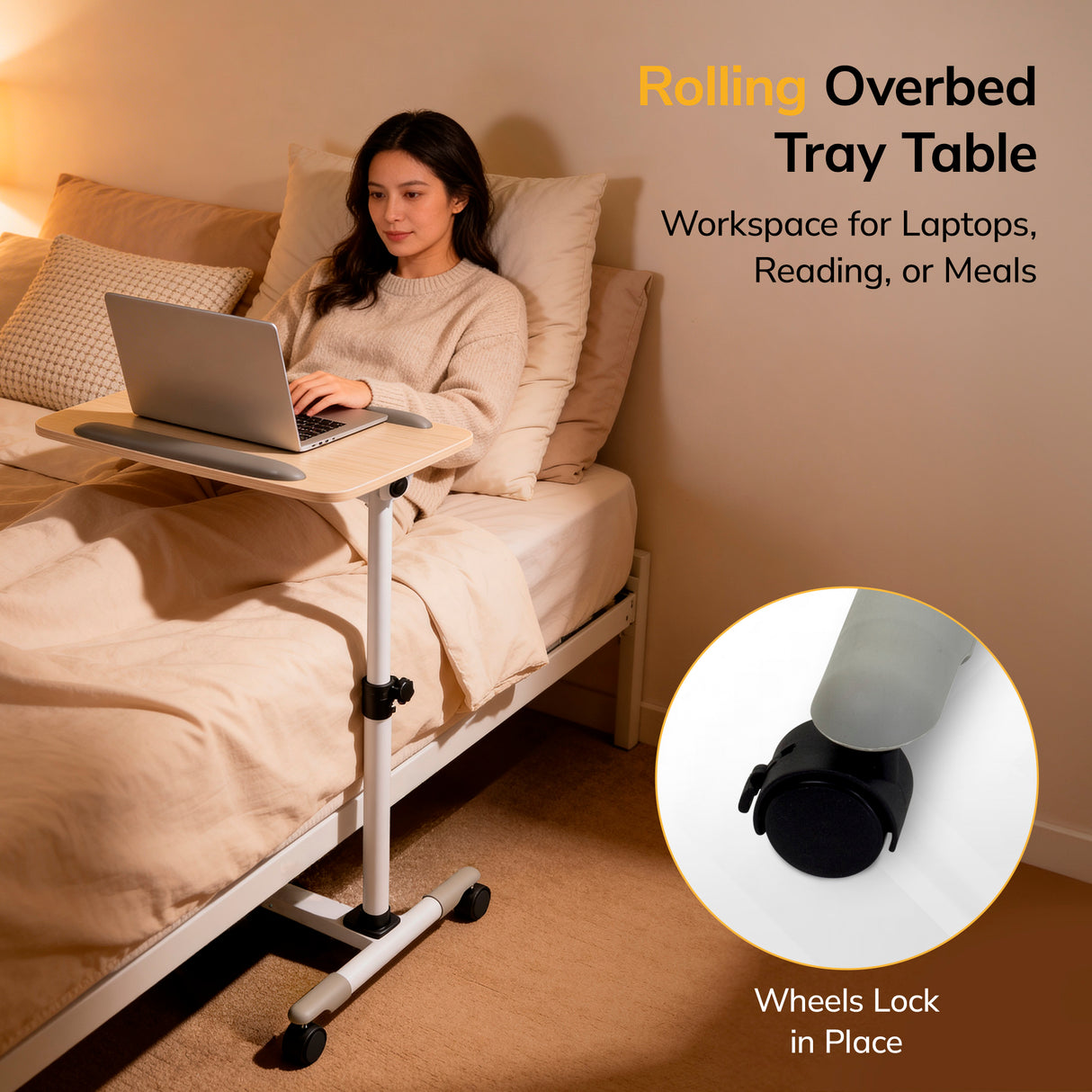 A woman uses the Mount-It! Height Adjustable Rolling Laptop Cart on her bed for work. Text highlights its versatility—for working, reading, or meals. An inset shows a close-up of the wheeled base with locking feature.