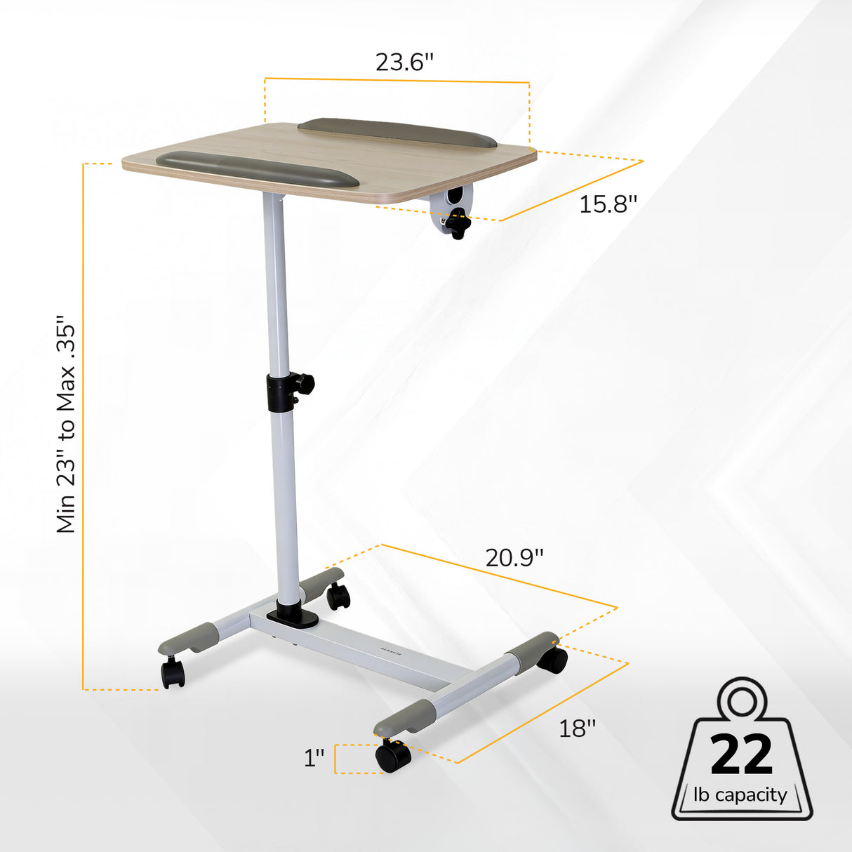 The Mount-It! Height Adjustable Rolling Laptop Cart features a 23.6" x 15.8" light wood tabletop, sturdy metal frame, and height adjustment from 23" to 35". Ideal over-bed tray or projector stand with four wheels and a 22 lb max capacity.