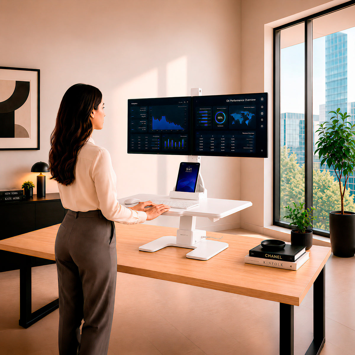 Electric Sit-Stand Desk Converter for 2 Monitors