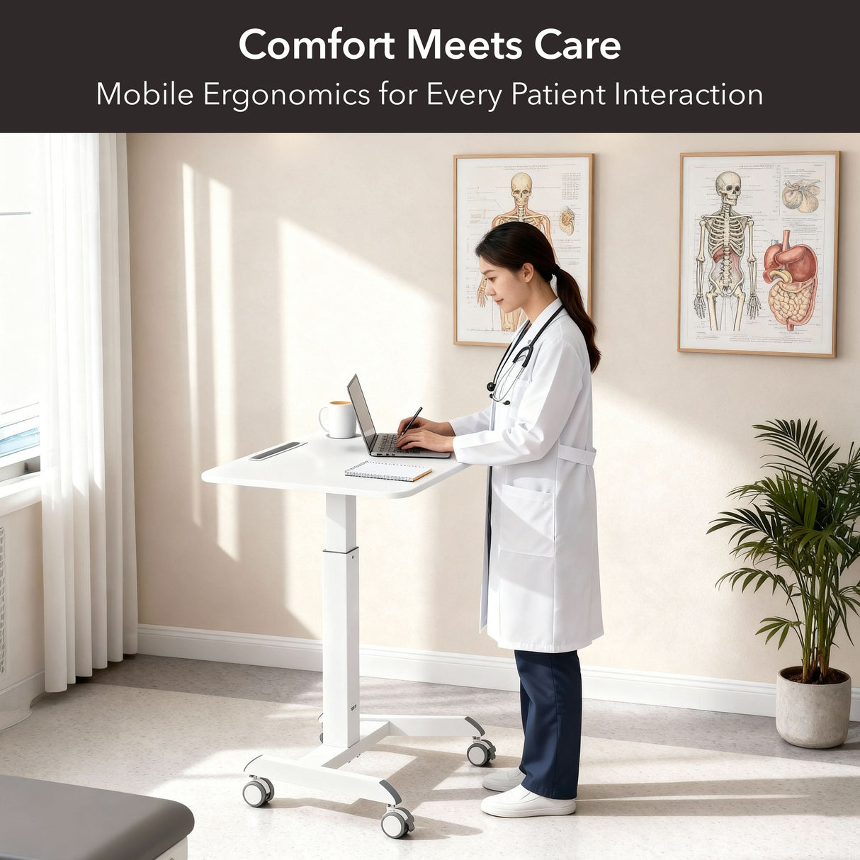 Sit-Stand Mobile Laptop Cart A female doctor in a white lab coat uses the Mount-It! Sit-Stand Mobile Laptop Cart in a bright medical office with anatomical posters and a plant. Text reads: Comfort Meets Care. Mobile Ergonomics for Every Patient Interaction.