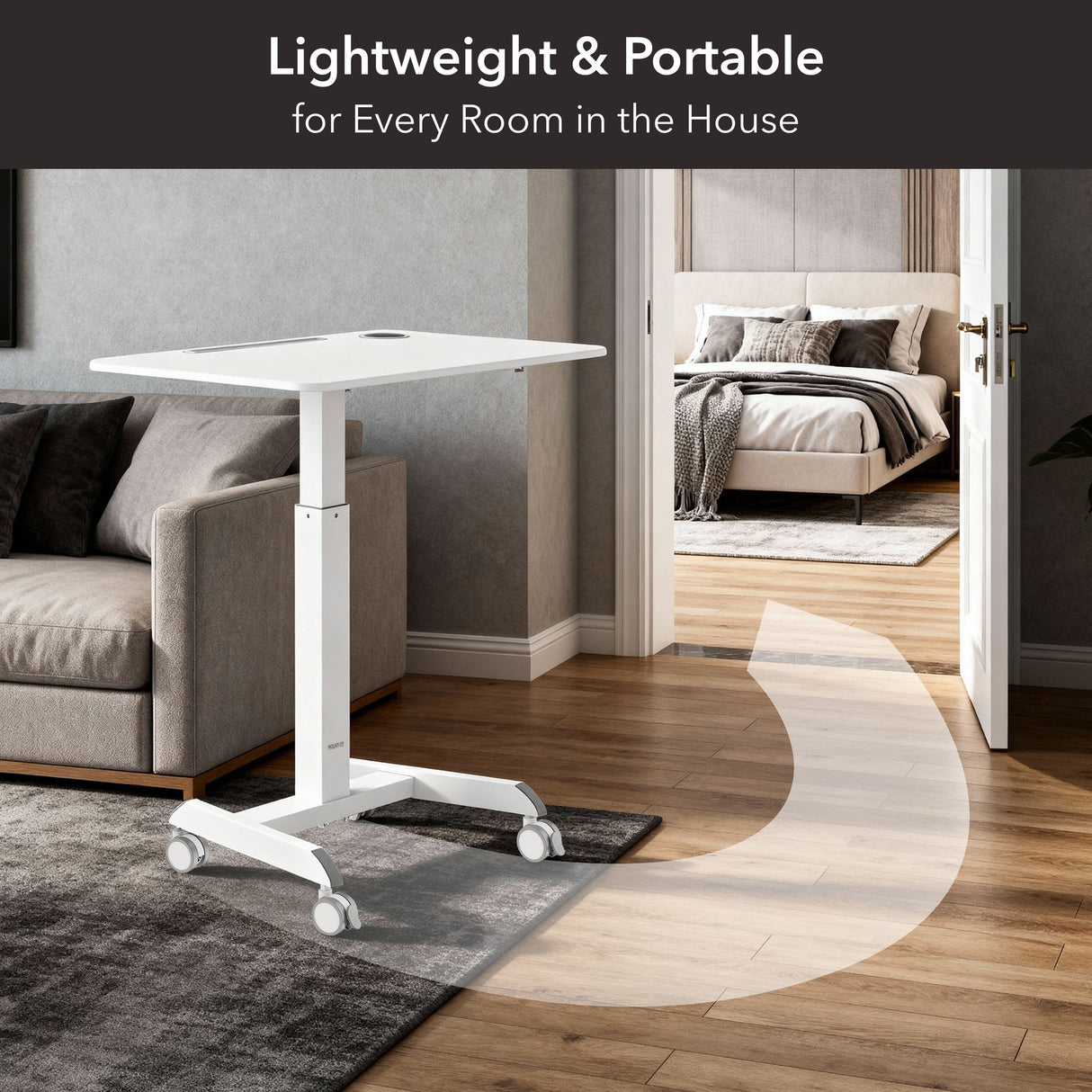 Sit-Stand Mobile Laptop Cart The Mount-It! Sit-Stand Mobile Laptop Cart is shown beside a gray couch, with an arrow highlighting its easy mobility to any room; text reads: Lightweight & Portable for Every Room in the House.