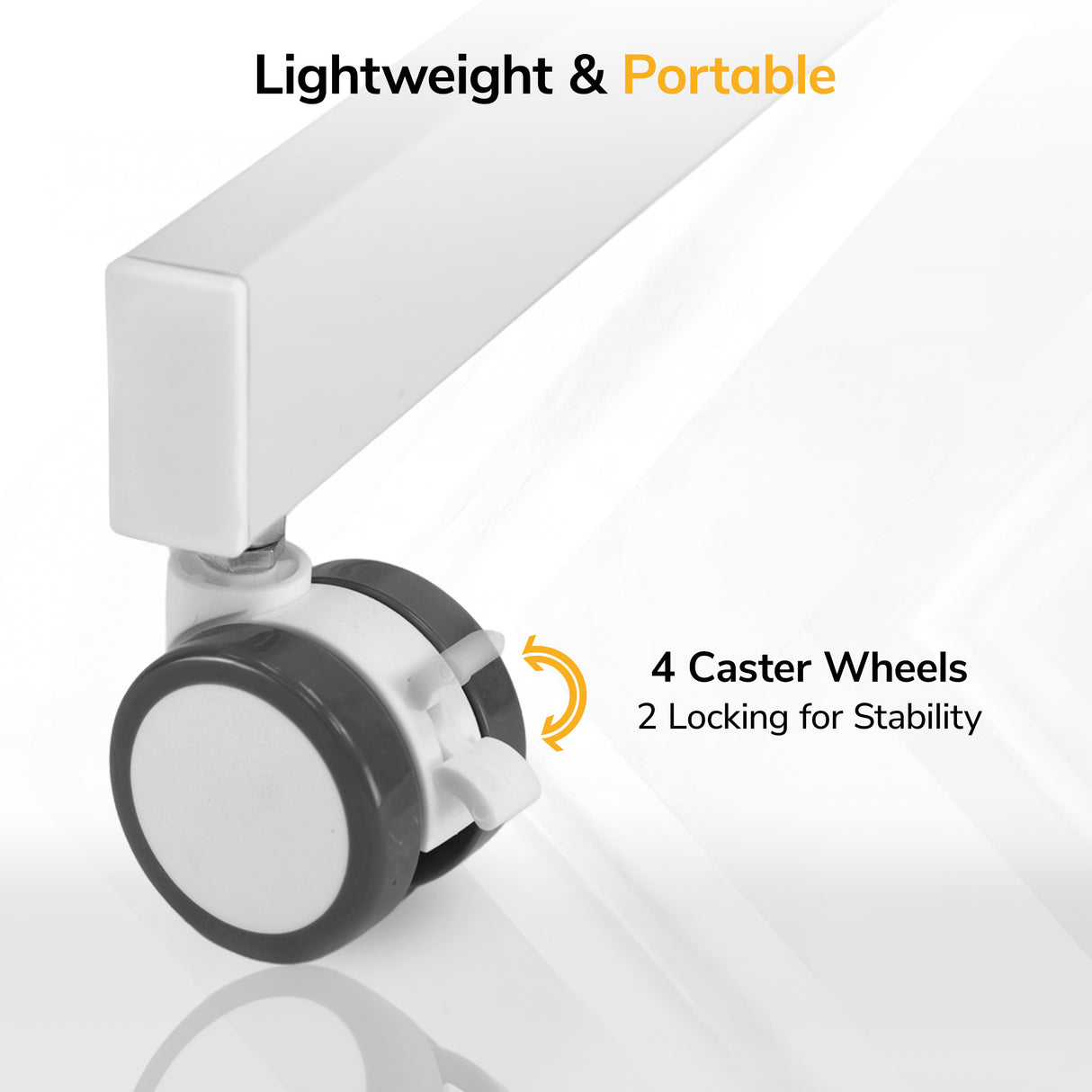 Close-up of a white leg with a black and white caster shows the Mount-It! Mobile Sit-Stand Computer Workstation features 4 caster wheels (2 locking) for stability—making it lightweight, portable, and perfect for flexible workspaces.