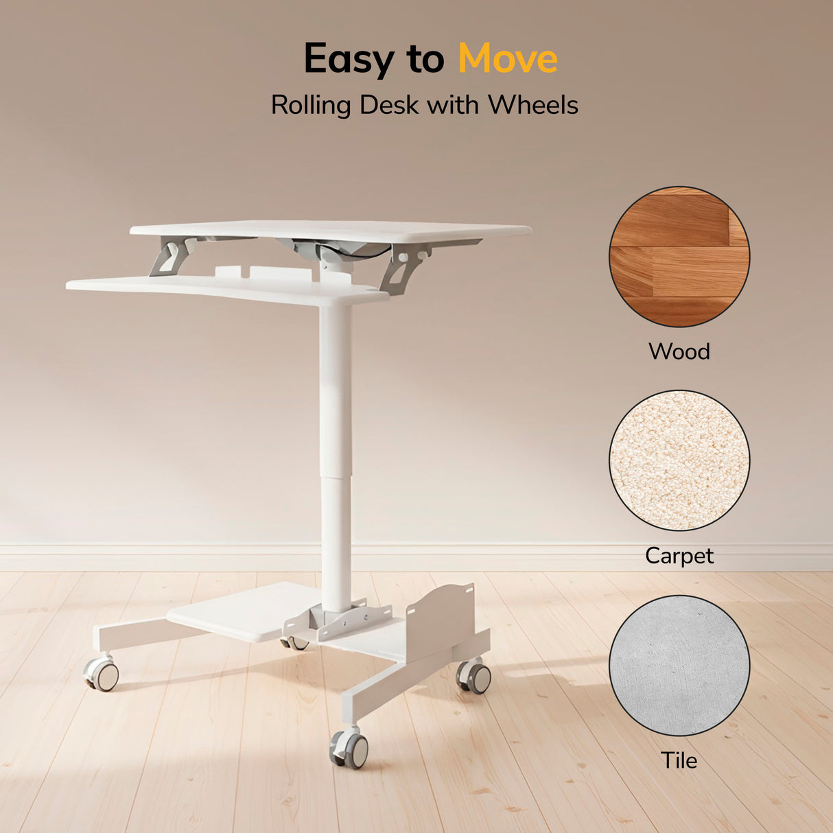 The Mount-It! Mobile Sit-Stand Computer Workstation, shown on a light wood floor, features adjustable height and wheels for easy movement. Three circles indicate suitability for wood, carpet, and tile with text “Easy to Move: Rolling Desk with Wheels.”.