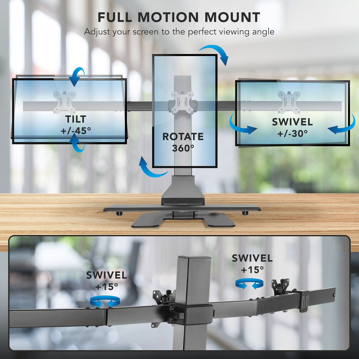 Electric Standing Desk Converter for 3 Monitors Monitor stand with full motion mount features on a blurred office background