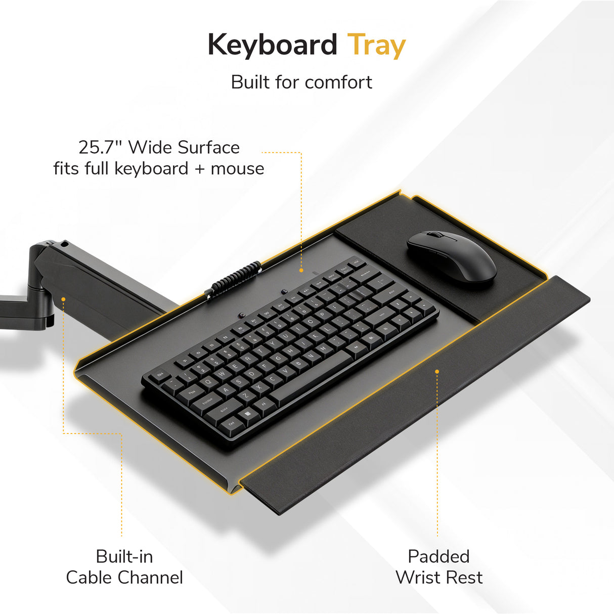 The Mount-It! Single Monitor Sit-Stand Desk Mount with Keyboard Tray offers a 25.7” wide surface, cable management, padded wrist rest, and articulating arms for flexible comfort in both sitting and standing positions.