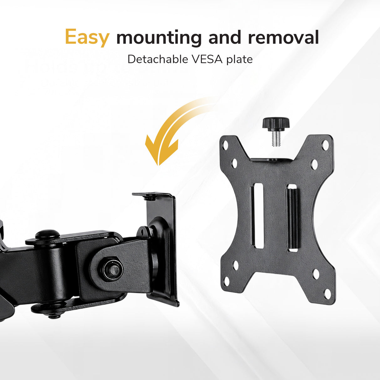 A black detachable VESA plate is displayed beside the Mount-It! Single Monitor Sit-Stand Desk Mount with Keyboard Tray, with an arrow showing easy mounting and removal. Text reads: Easy mounting and removal - Detachable VESA plate.