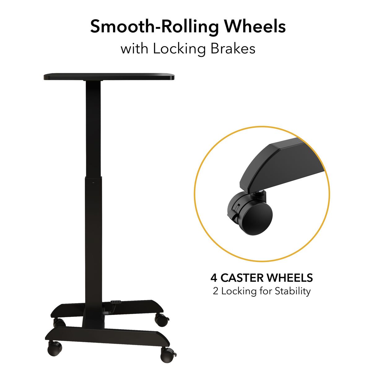 The Mount-It! Height Adjustable Rolling Laptop Desk features black design, four smooth-rolling caster wheels (two with locking brakes), and an ergonomic workstation. Close-up highlights “Smooth-Rolling Wheels with Locking Brakes.”.
