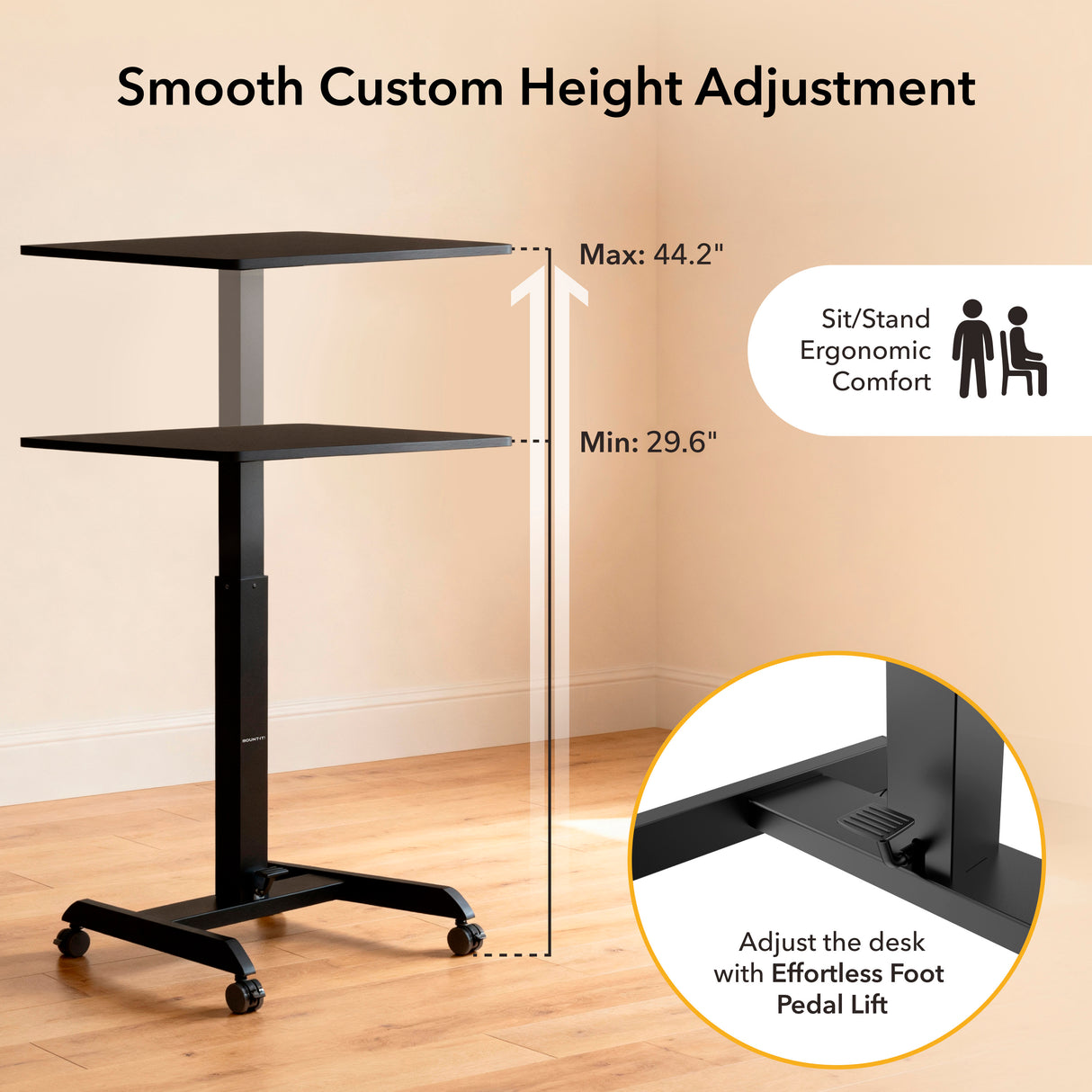 The Mount-It! Height Adjustable Rolling Laptop Desk features a black frame on wheels, adjusts from 29.6" to 44.2", and includes a foot pedal lift for effortless ergonomic comfort throughout your workday.