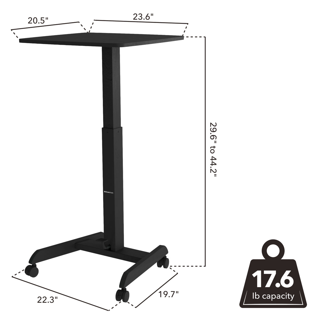 The Mount-It! Height Adjustable Rolling Laptop Desk features a black rectangular top, adjusts from 29.6" to 44.2" high, measures 23.6"W x 20.5"D, supports up to 17.6 lbs, and has wheels for easy mobility—perfect for ergonomic sit-stand use.