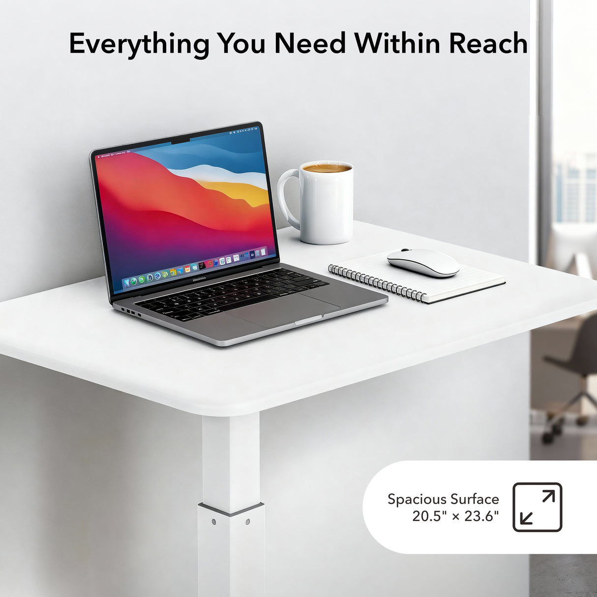 A laptop, coffee mug, notebook, and mouse rest on a white Mount-It! Height Adjustable Rolling Laptop Desk (20.5" x 23.6"), with the text "Everything You Need Within Reach" above.