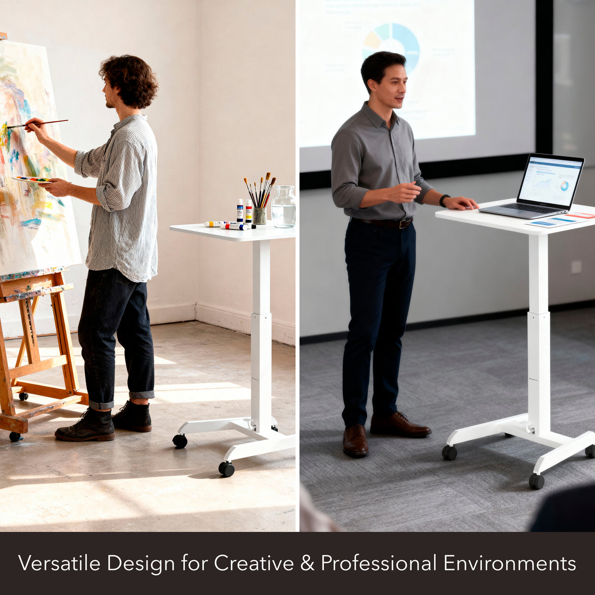 Split image: Left—a man paints at an easel next to the Mount-It! Height Adjustable Rolling Laptop Desk holding art supplies. Right—a man presents using the same desk as a sit-stand workstation in a modern office.