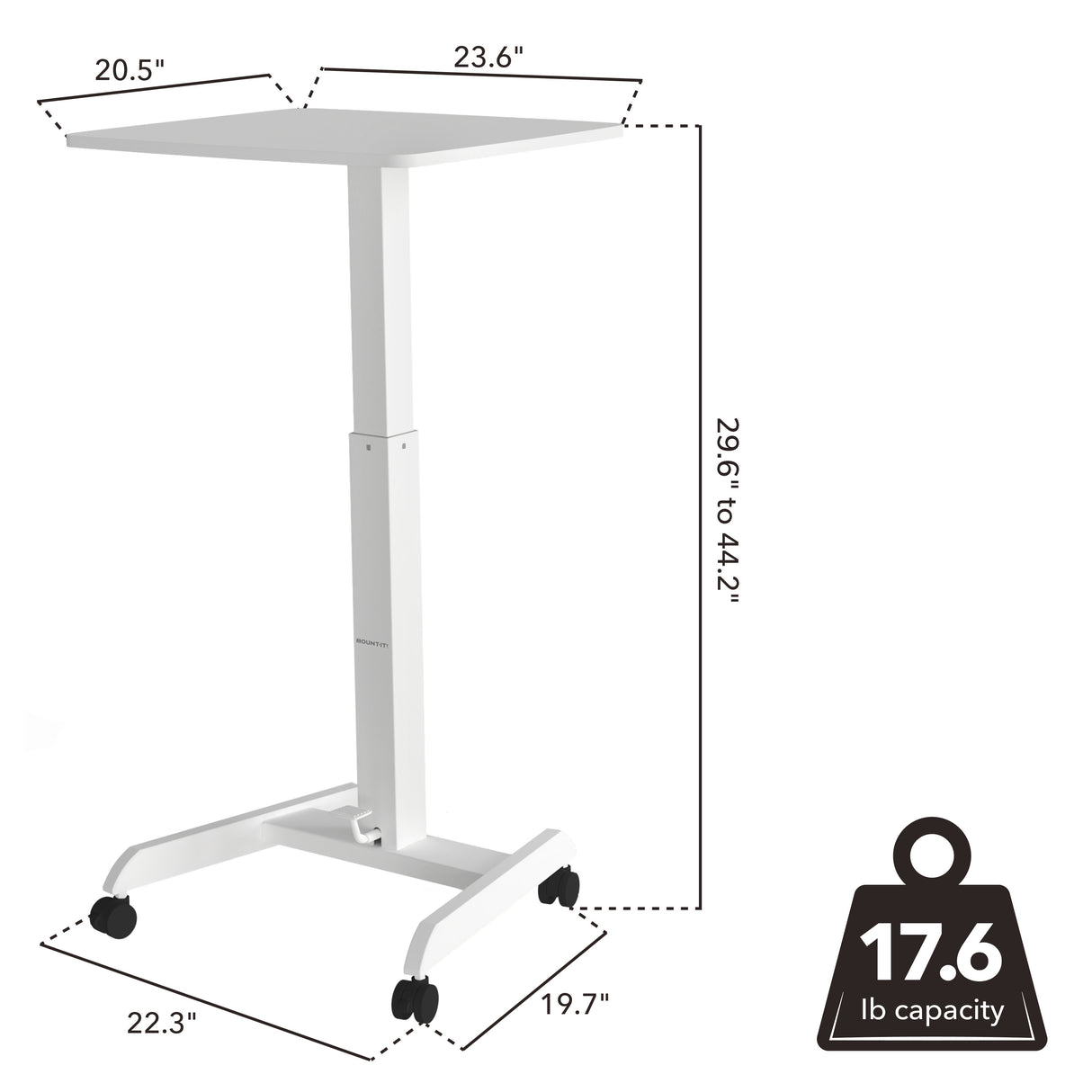 The Mount-It! Height Adjustable Rolling Laptop Desk features a white 23.6" x 20.5" tabletop, adjustable from 29.6" to 44.2", with a 22.3" x 19.7" base and 17.6 lb capacity—ideal for flexible, ergonomic sit-stand workstation use.