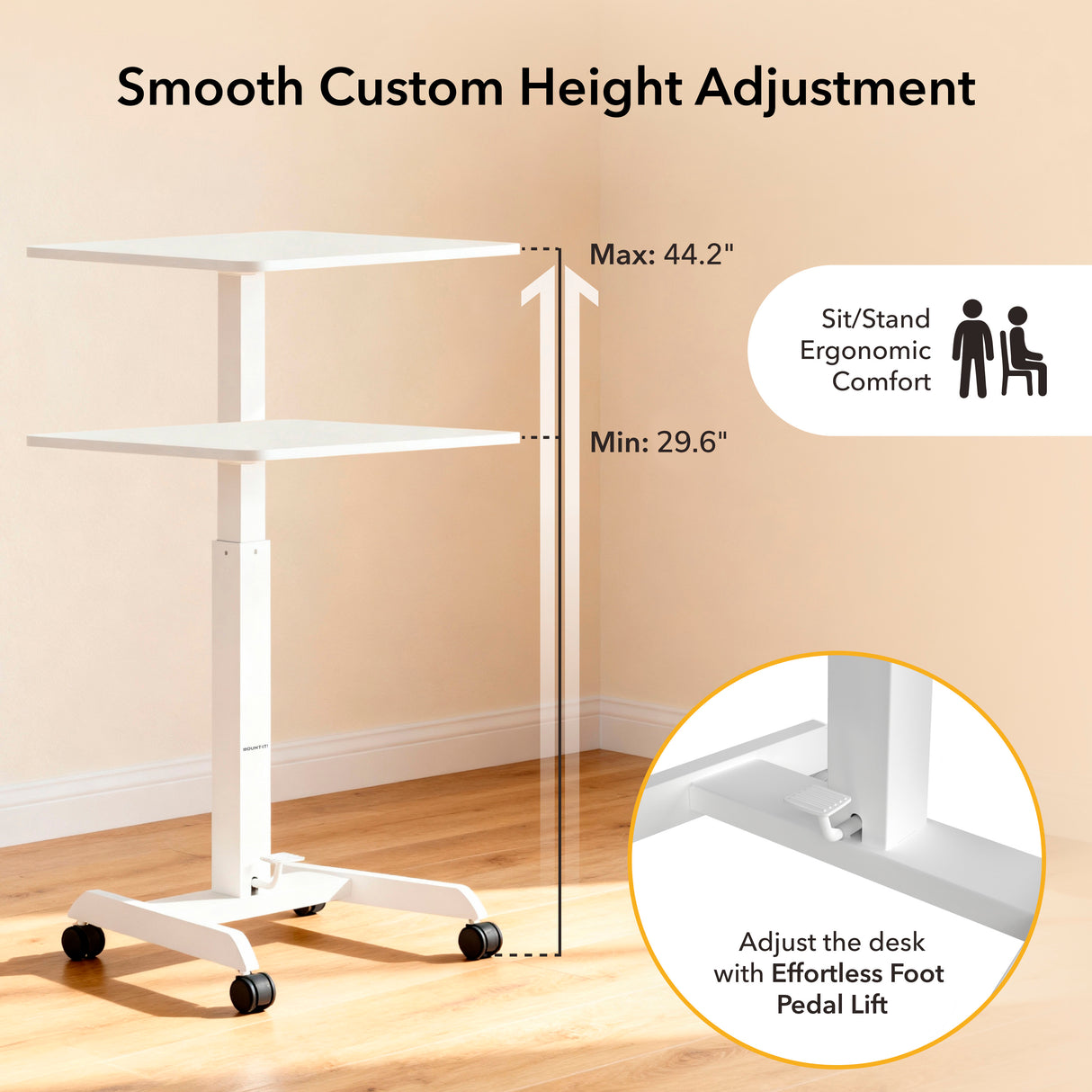 The Mount-It! Height Adjustable Rolling Laptop Desk is shown in a corner, labeled with a 29.6–44.2 inch height range. An inset displays its easy foot pedal for adjusting this ergonomic workstation’s height on wheels.