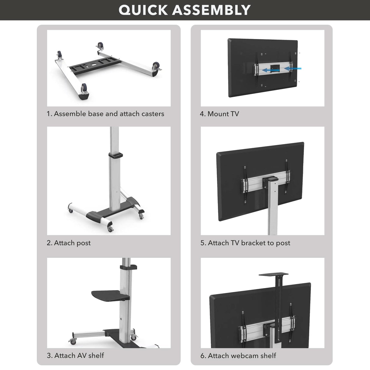 Heavy Duty Mobile TV Cart Six-step assembly guide for the Mount-It! Heavy Duty Mobile TV Cart: assemble base with locking casters, attach post, install AV shelf, mount TV, secure bracket to post, and add webcam shelf.