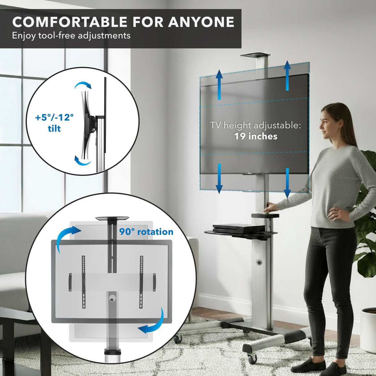 Heavy Duty Mobile TV Cart A woman stands by the Mount-It! Heavy Duty Mobile TV Cart with a mounted TV. Arrows and text show its 19-inch height adjustment, 90° rotation, and +5°/-12° tilt in a bright, modern room.