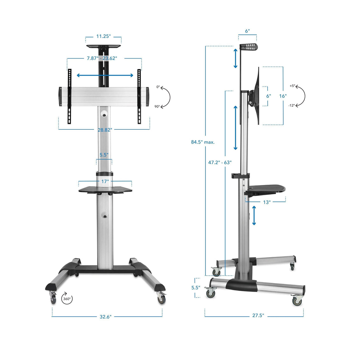 Heavy Duty Mobile TV Cart The Mount-It! Heavy Duty Mobile TV Cart is displayed from front and side views, with blue dimension lines marking height, width, tray, and wheel sizes. It features locking casters, a shelf, and a mounting bracket.